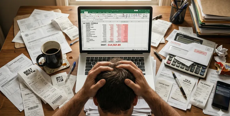 Stressed business owner surrounded by receipts and spreadsheets