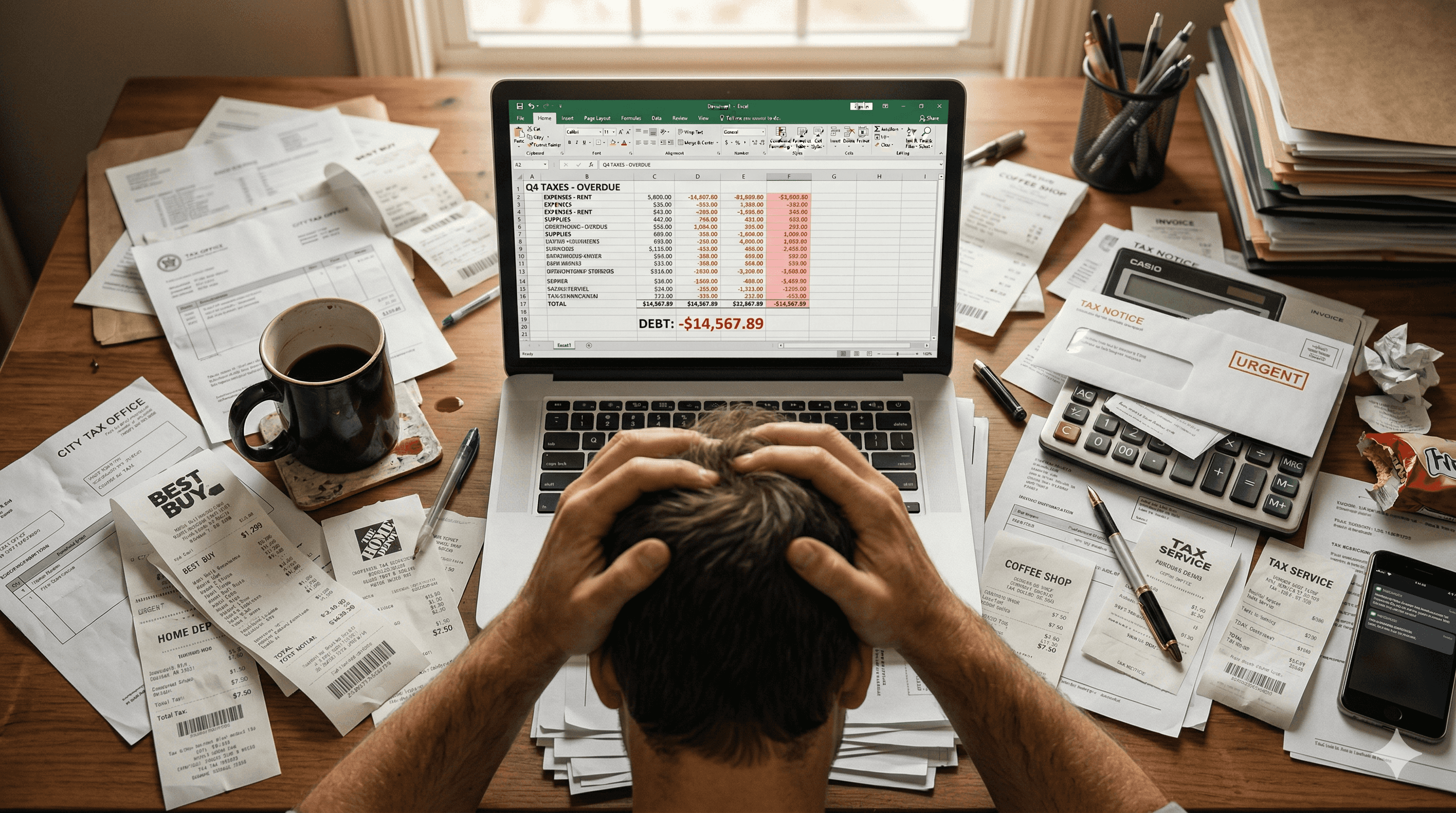 Stressed business owner surrounded by receipts and spreadsheets
