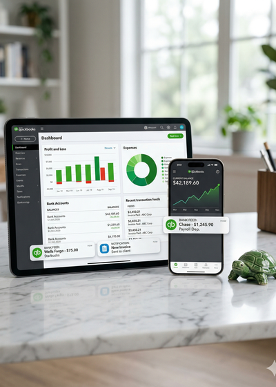 QuickBooks dashboard on tablet and phone with green turtle figurine