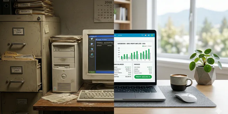 Split comparison of old filing cabinet with desktop computer versus modern laptop with cloud dashboard
