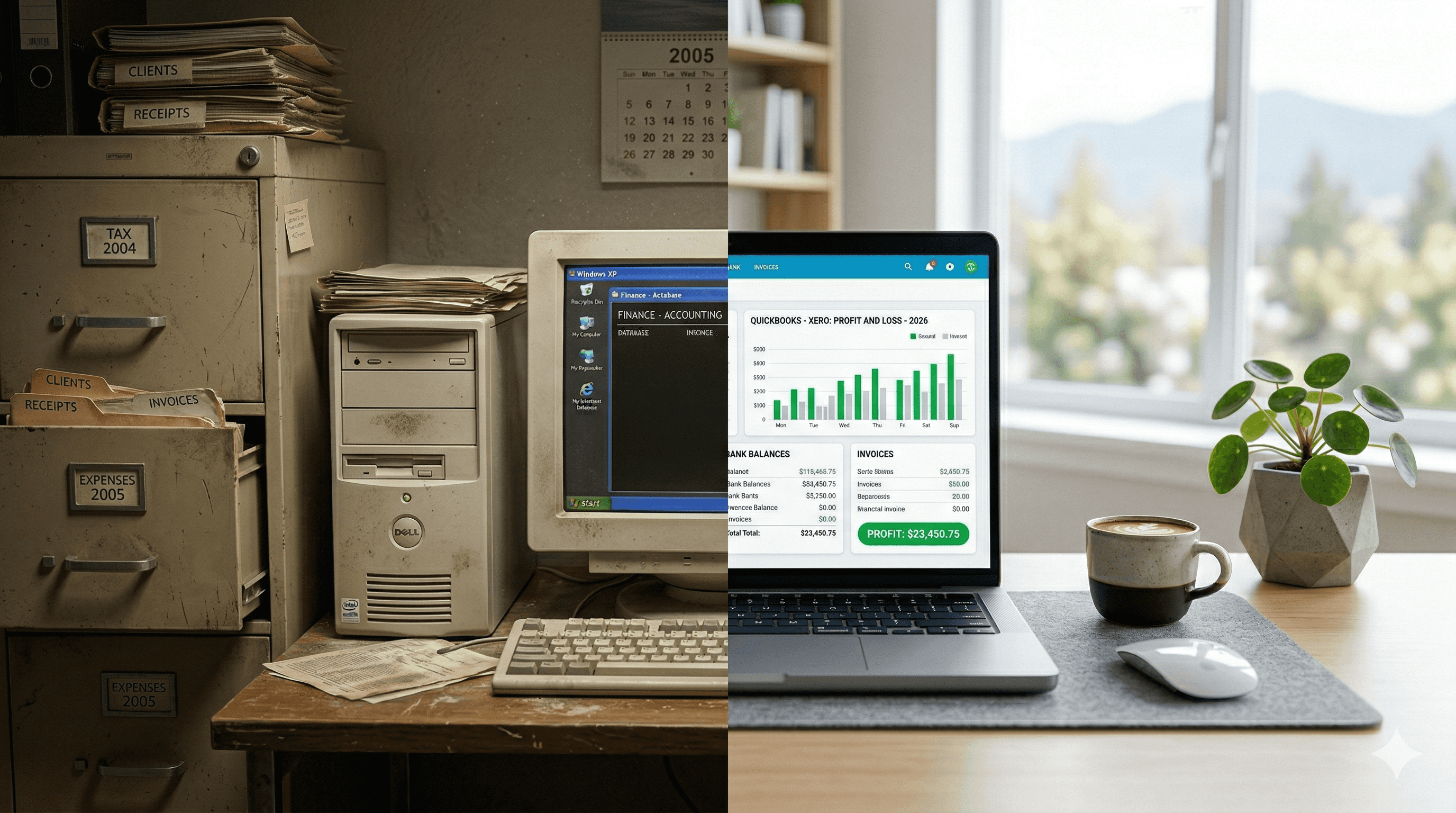 Split comparison of old filing cabinet with desktop computer versus modern laptop with cloud dashboard