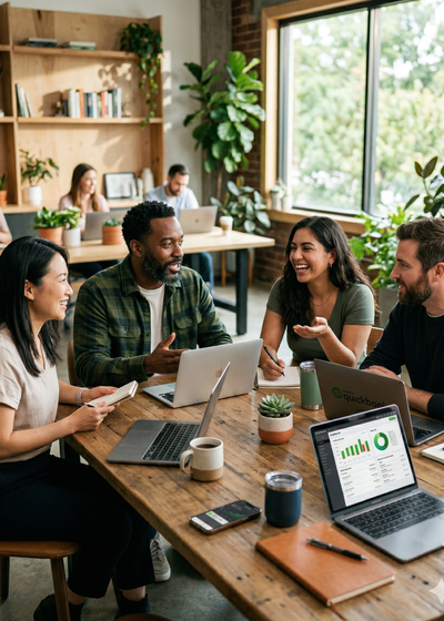 Small business owners collaborating in co-working space with QuickBooks on laptop