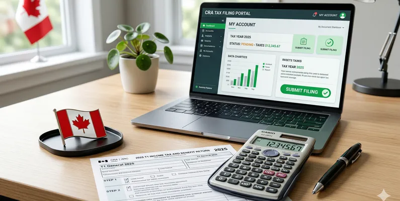 CRA tax filing portal on laptop with Canadian flag and calculator