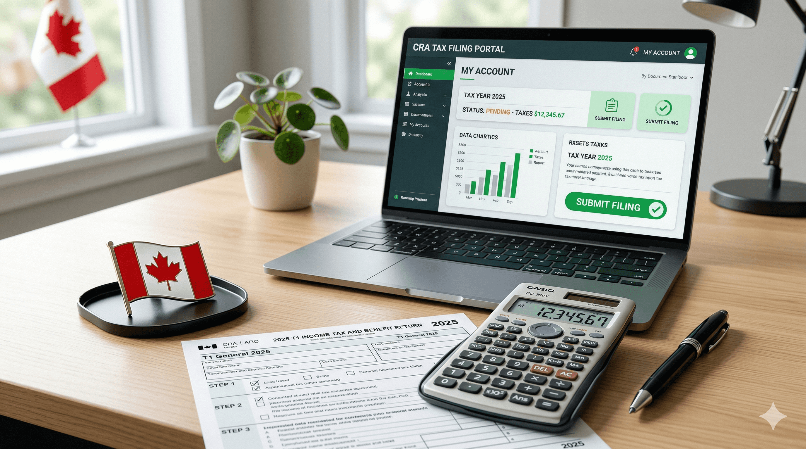 CRA tax filing portal on laptop with Canadian flag and calculator
